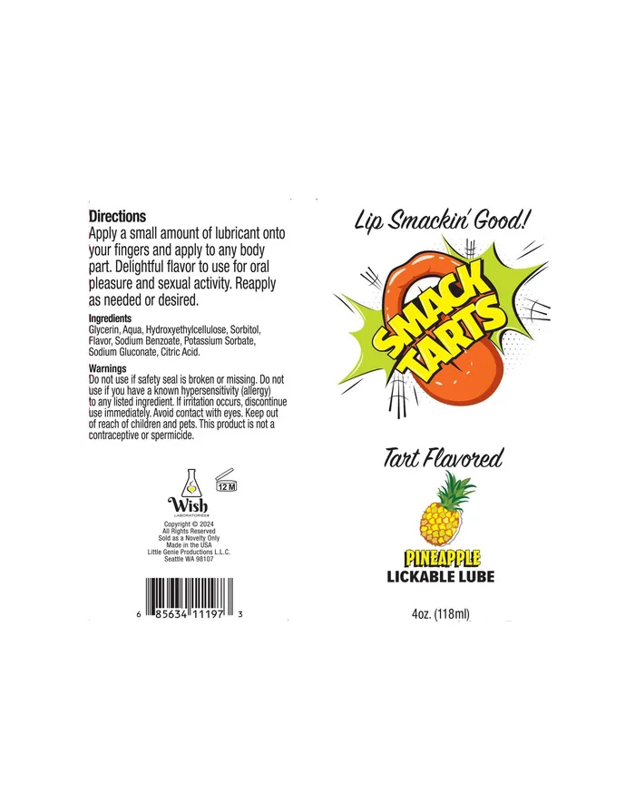 Lubricants Little Genie Smack Tarts 4oz Lickable Flavored Lubricant Pineapple